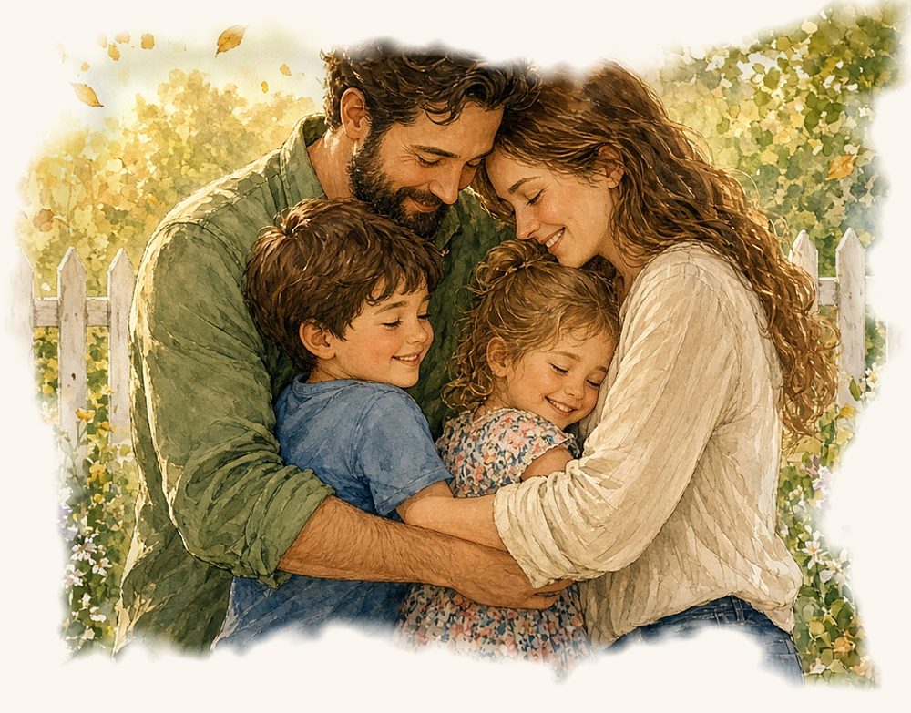 Watercolor painting of a mother, father, son, and daughter sharing a warm family hug in a garden by a white picket fence.
