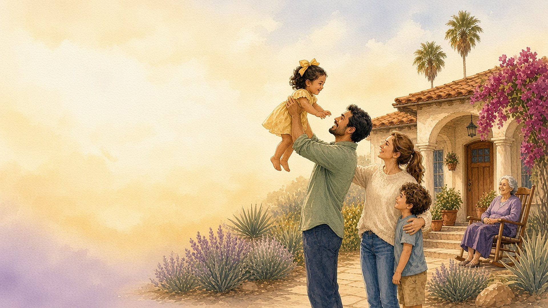 Watercolor painting of a happy family outside their home: a father lifts his laughing little girl into the air while the mother, their son, and the grandmother on the porch smile.