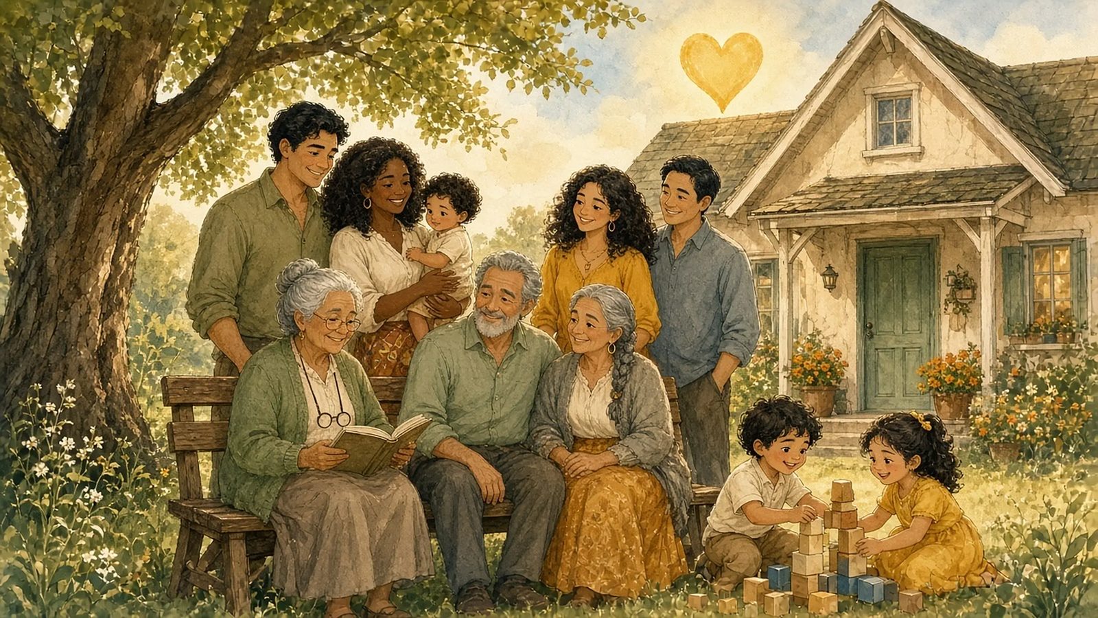 Watercolor painting of three generations of a family gathered under a big tree in front of their home, with a golden heart in the sky.