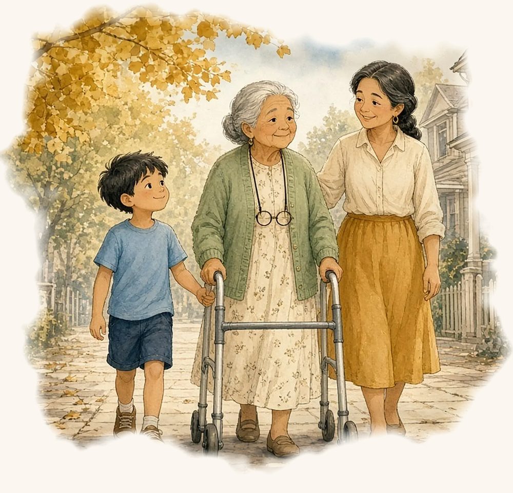 Watercolor painting of a young boy, his grandmother with her walker, and his mother strolling together down a leafy autumn street.