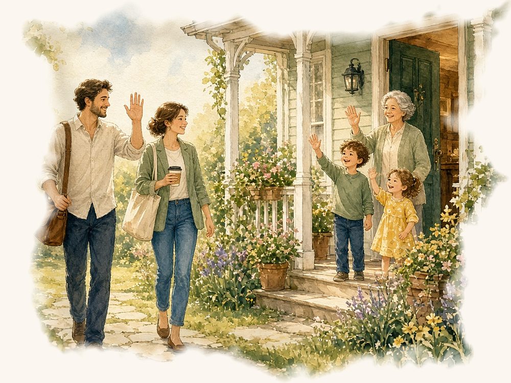 Watercolor painting of a mother and father heading off to work, waving goodbye to their two children and the grandmother on the front porch.