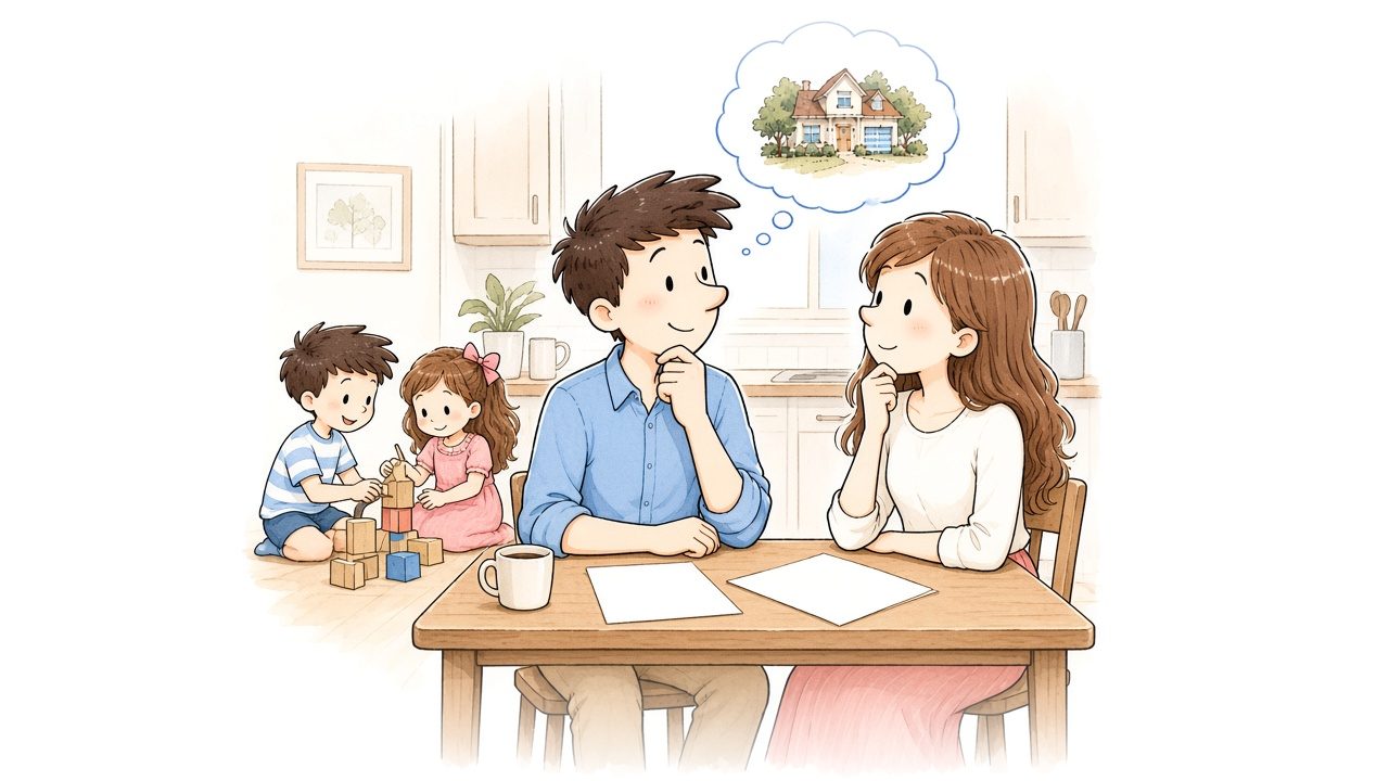 Watercolor illustration of parents at the kitchen table looking thoughtfully at papers while their son and daughter play with blocks nearby.