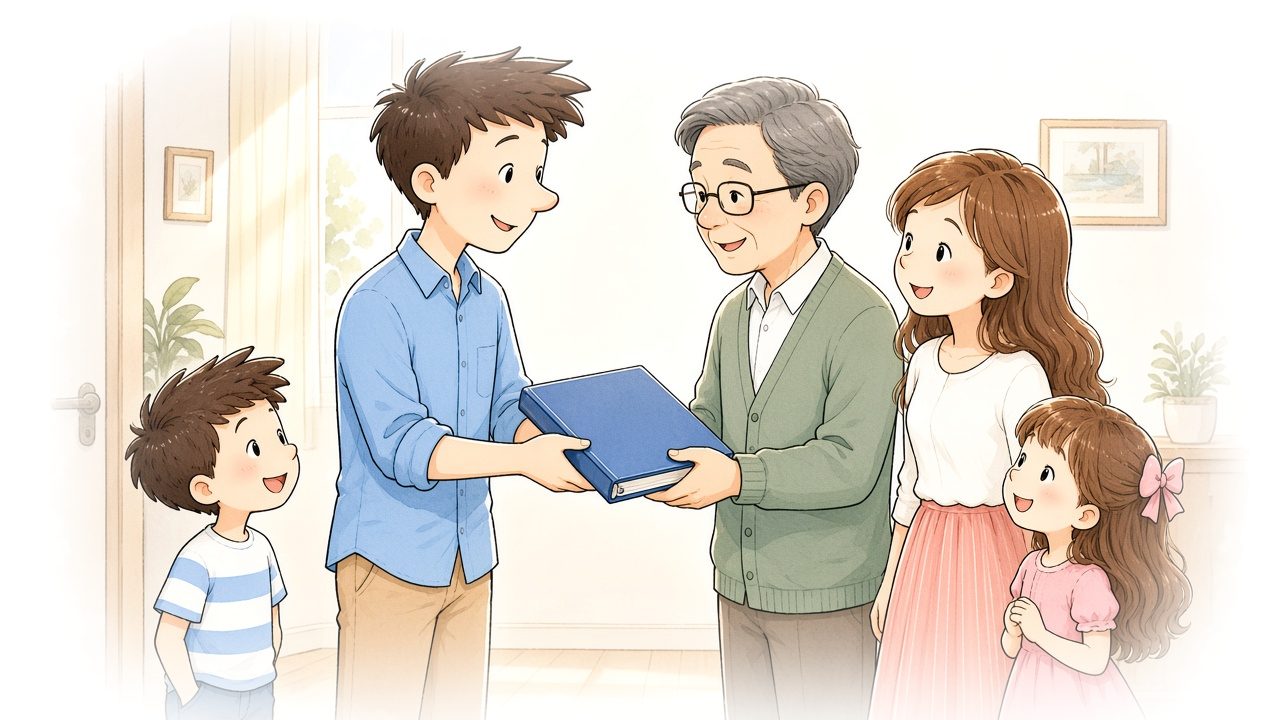 Watercolor illustration of the same couple, relieved and smiling in the sunshine, handing a neat binder to a trusted older friend.