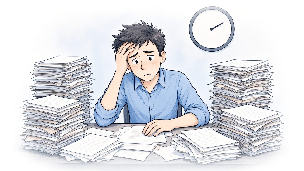 Watercolor illustration of an overwhelmed dad at a desk piled with stacks of court papers, with a large clock on the wall.
