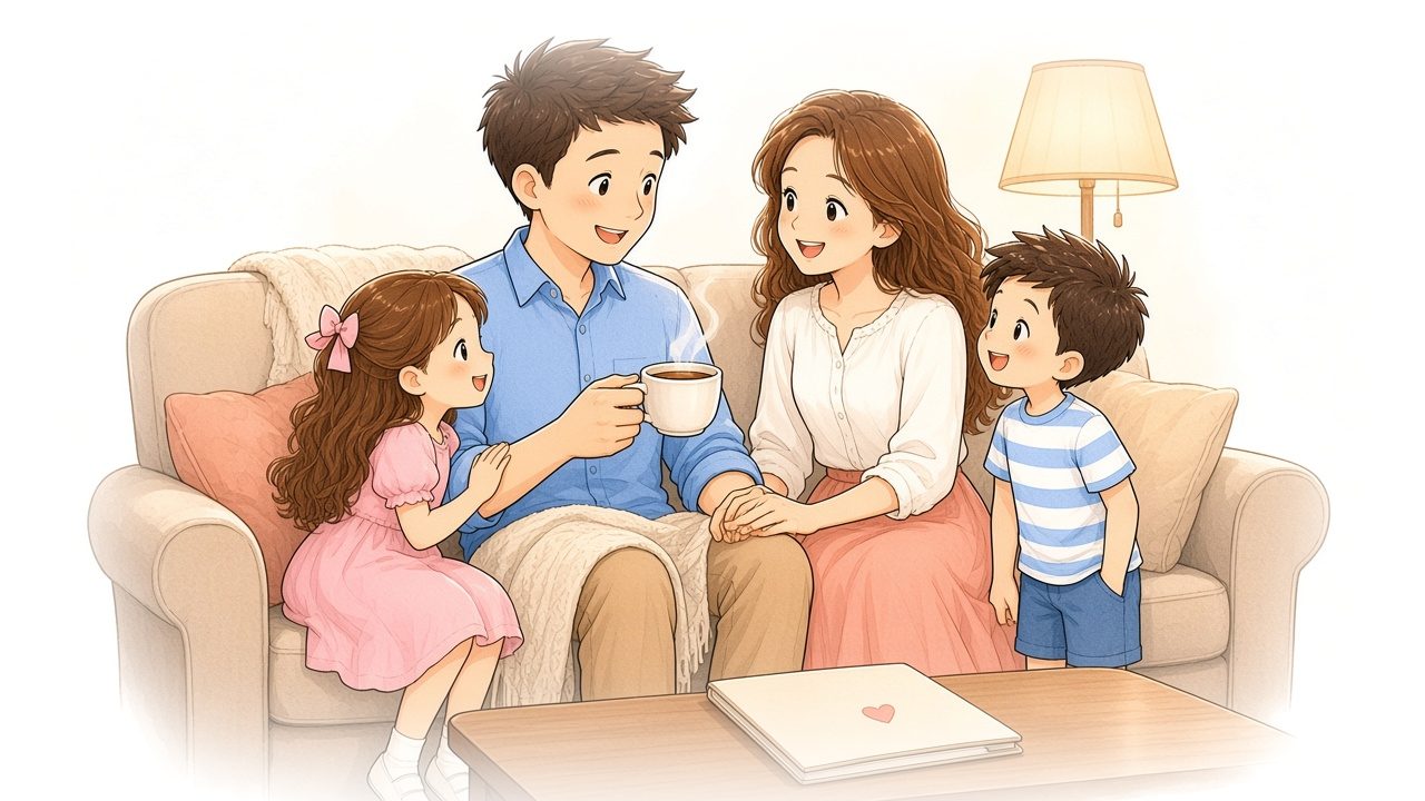 Watercolor illustration of a family on the living-room couch: the mom holds the dad’s hand as he sips tea, the kids close beside them, with a tidy folder on the coffee table.
