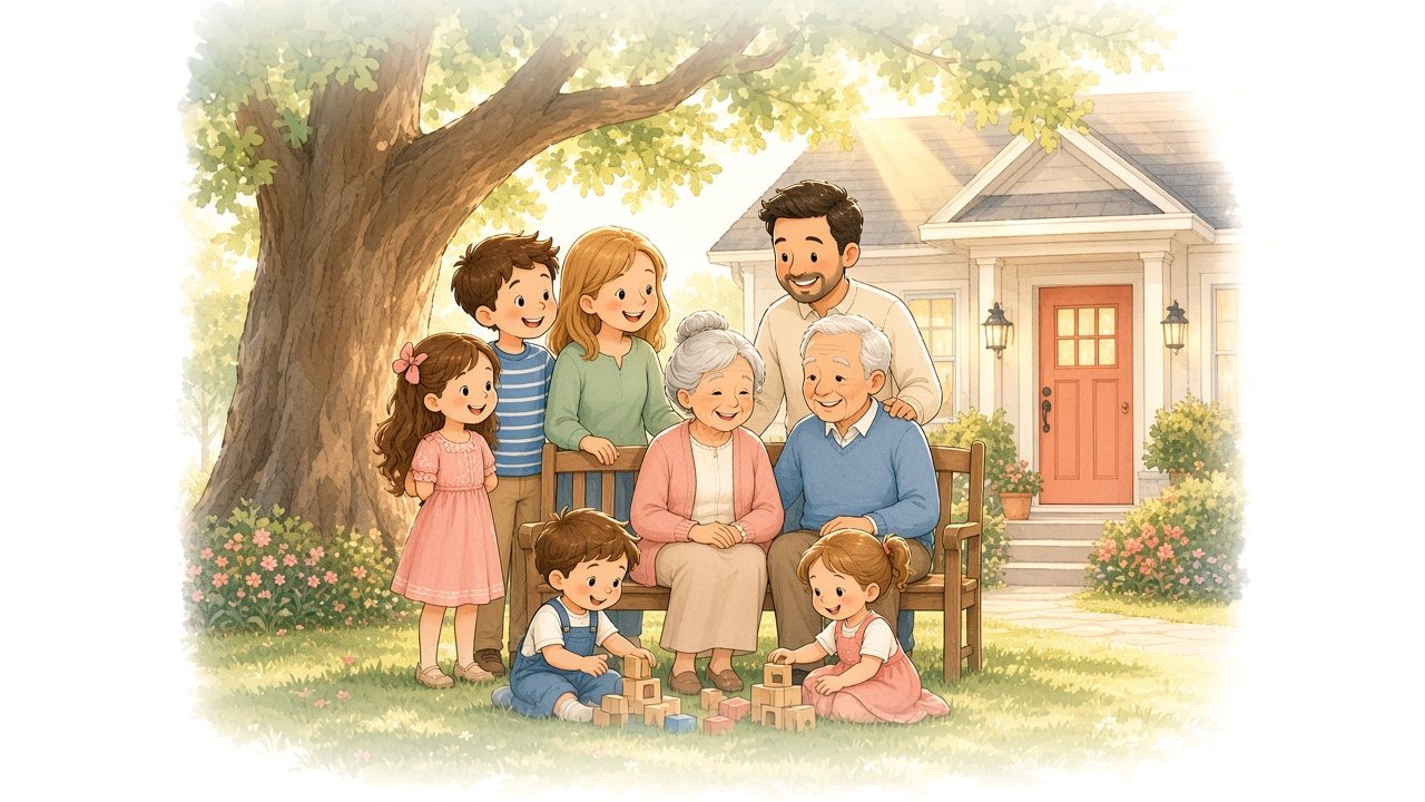 Watercolor illustration of three generations together under a big tree in front of the family home: grandparents, grown children and grandkids.