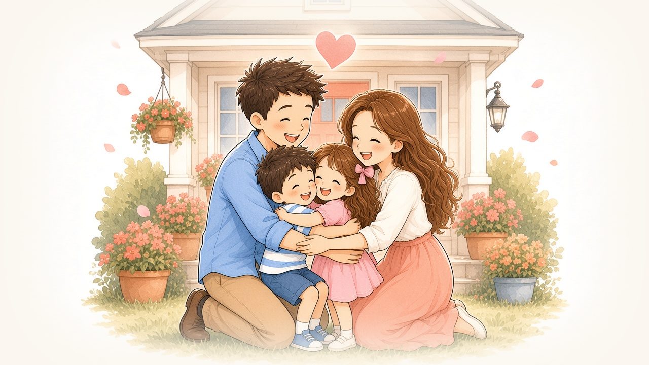 Watercolor illustration of the family in a warm group hug in front of their home, with a soft heart floating above them.
