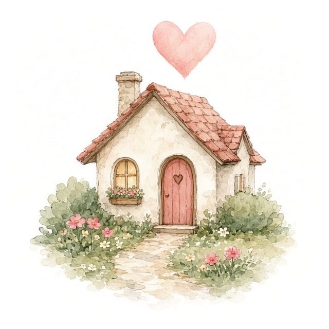 Small watercolor illustration of a cozy house with a heart above the roof.