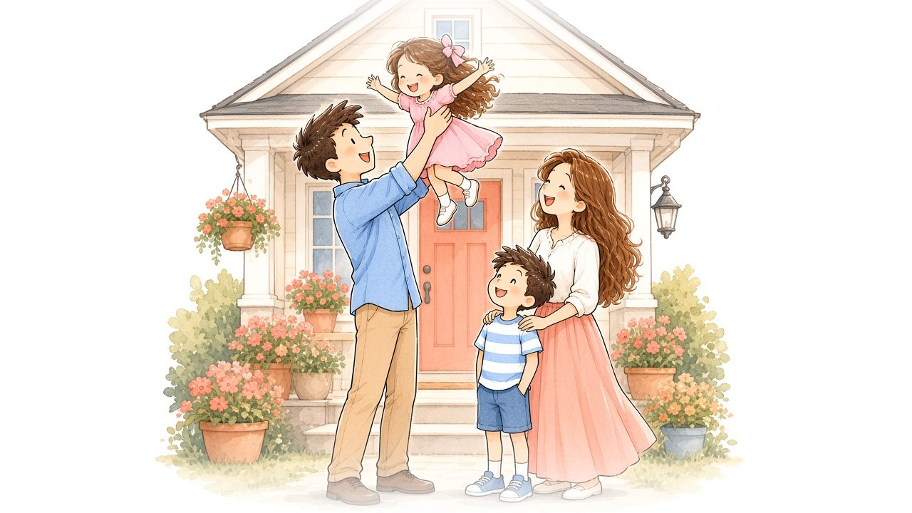 Watercolor illustration of a smiling family on the front porch of their home: the dad lifts his young daughter while the mom and son laugh beside them.