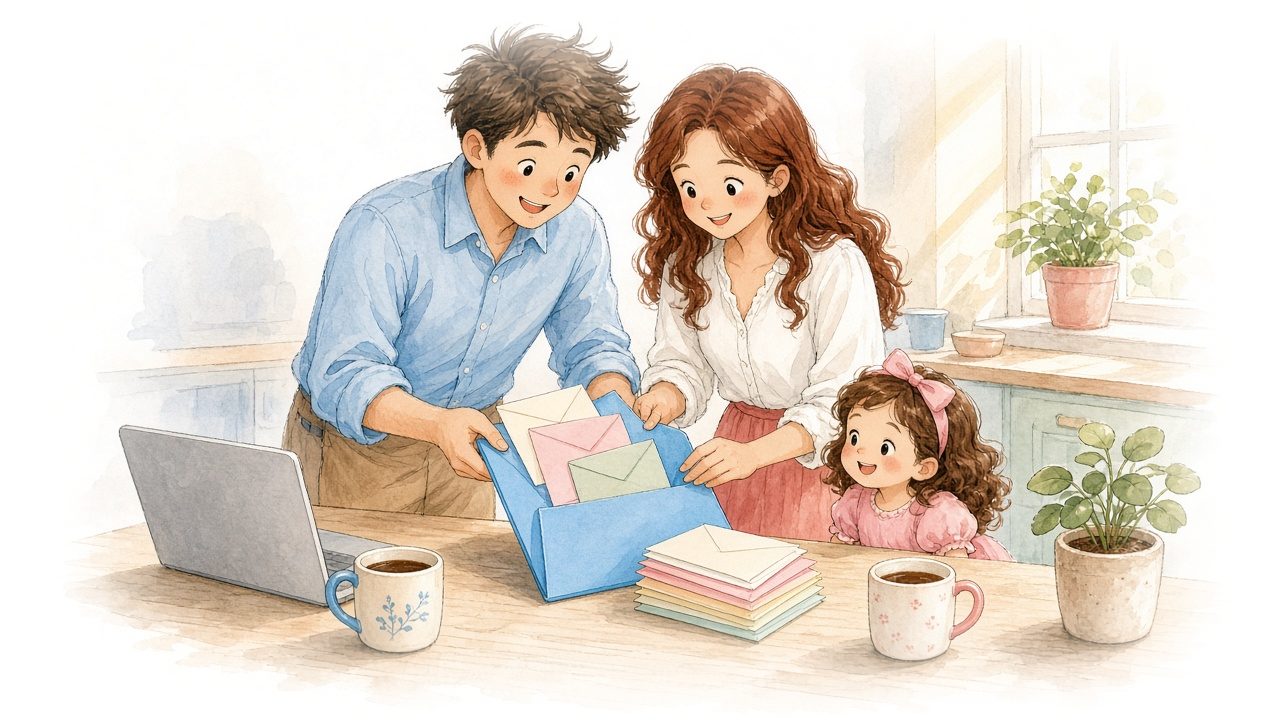 Watercolor illustration of the mom and dad at the kitchen table, happily sorting a pile of colorful envelopes into one tidy blue folder.
