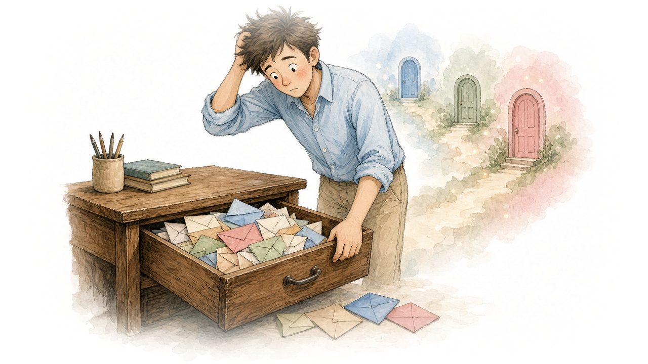 Watercolor illustration of a puzzled dad opening a desk drawer stuffed with mismatched envelopes, with a dreamy trail of little doors from past workplaces behind him.