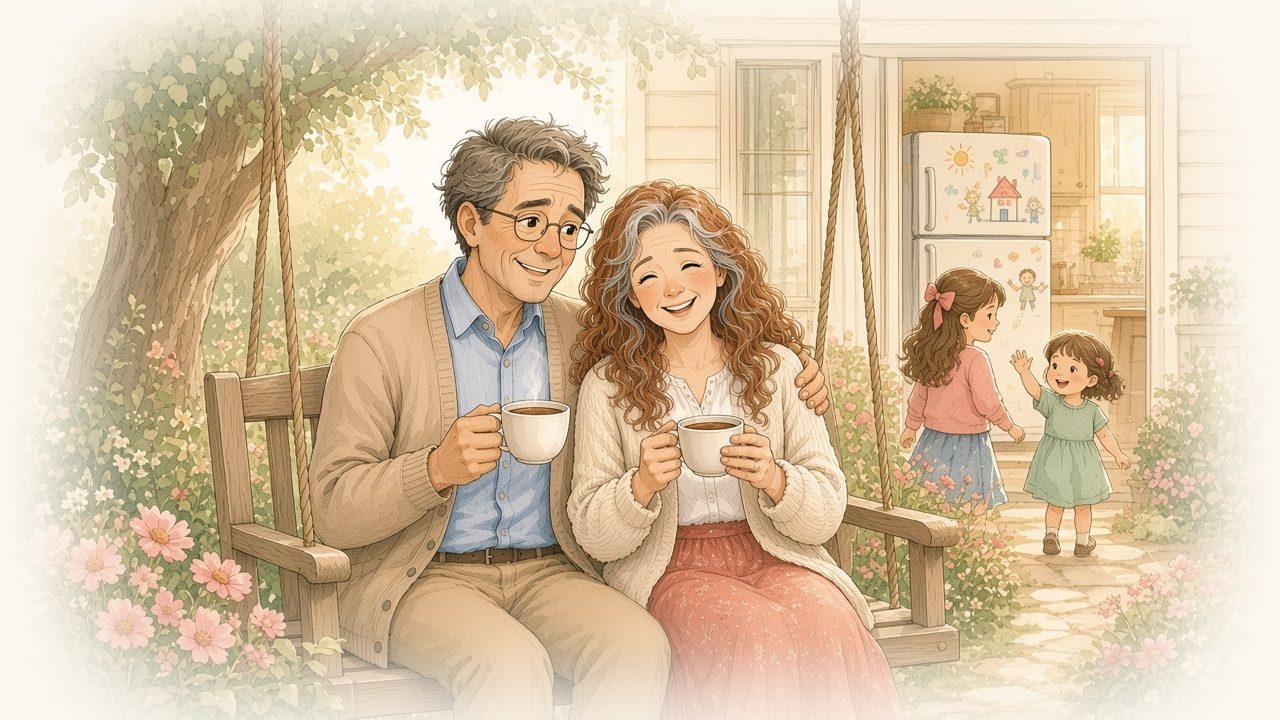 Watercolor illustration of the grandparents on their porch swing with coffee on a sunny morning while their grown daughter and a grandchild come up the garden path.