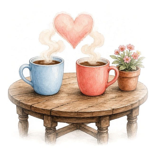 Small watercolor illustration of two coffee mugs on a porch table with a heart rising from the steam.
