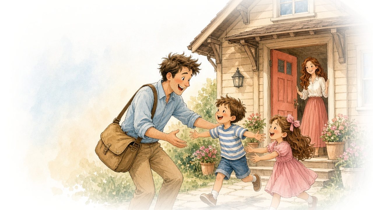 Watercolor illustration of a dad in a light-blue shirt coming home from work, his son and daughter running to hug him while the mom smiles from the doorway of their home.