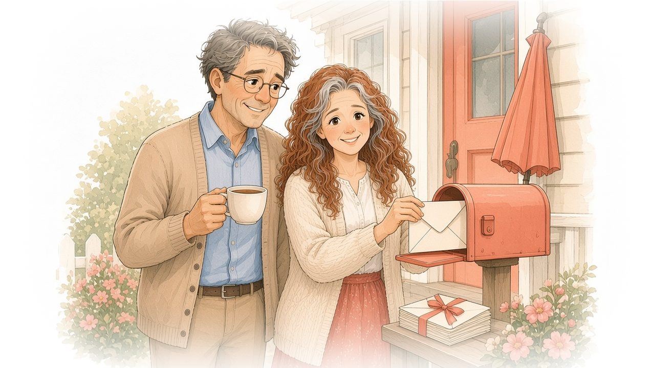 Watercolor illustration of the older mom and dad on their front porch, the mom smiling as she lifts an envelope from the mailbox and the dad holding a coffee mug.