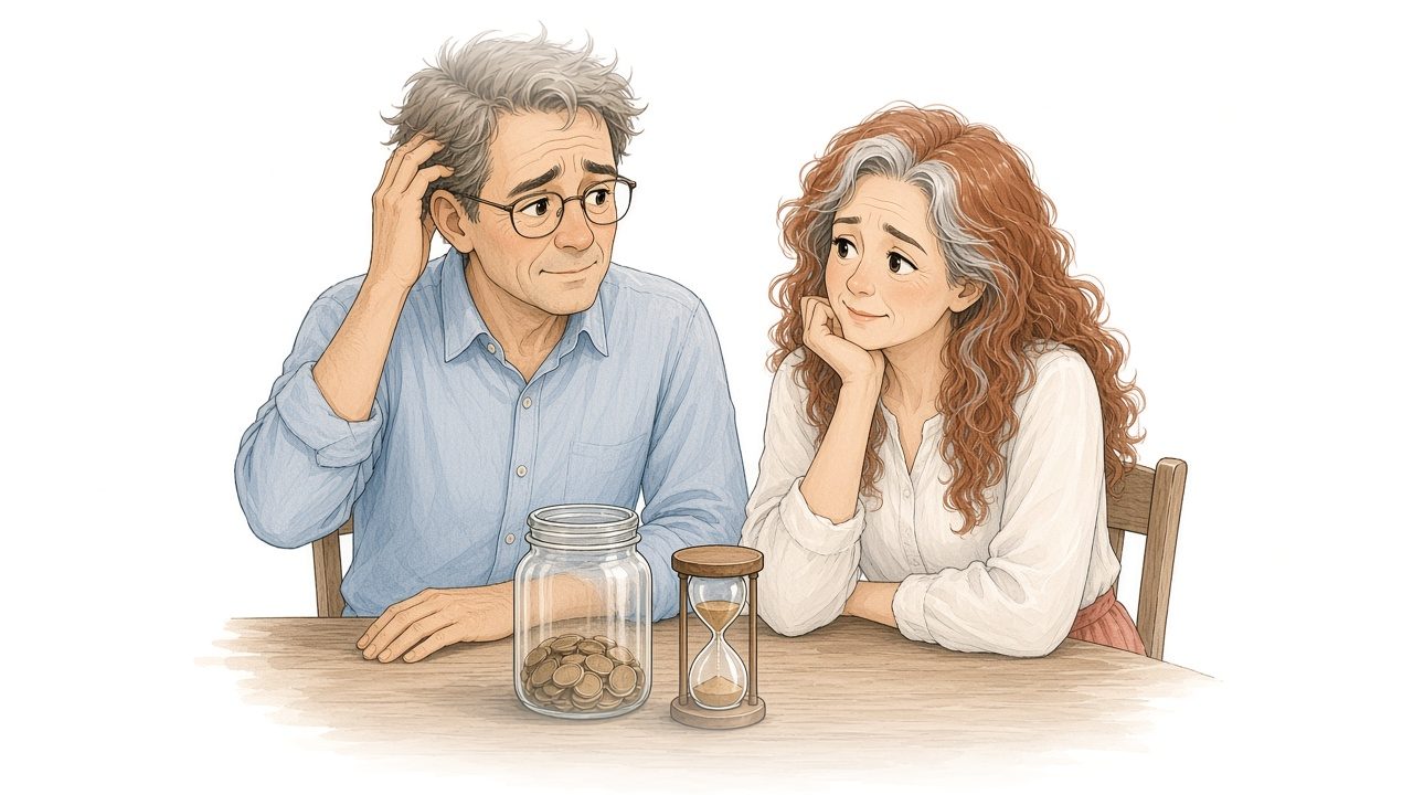 Watercolor illustration of the older mom and dad at the kitchen table looking at a half-full jar of coins next to an hourglass.