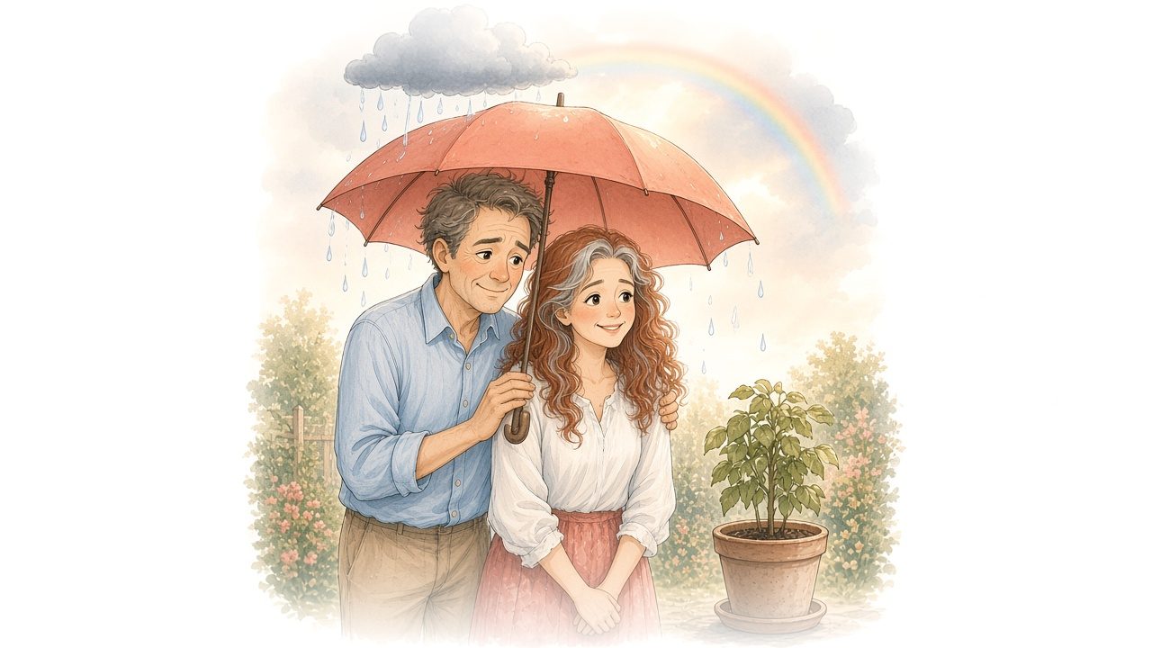 Watercolor illustration of the mom and dad smiling under a big coral umbrella in their garden as a rain cloud passes, the young plant beside them dry and upright.