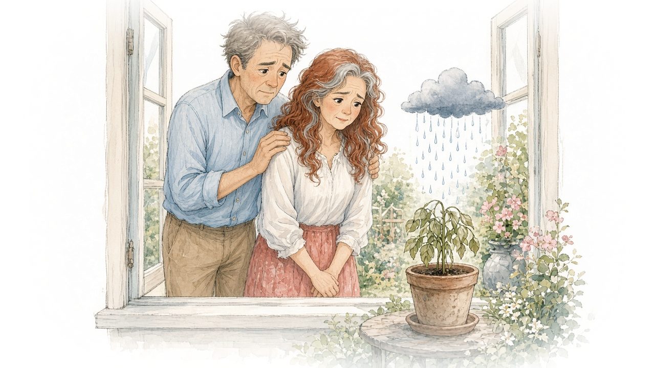 Watercolor illustration of the mom and dad at a window watching a small gray rain cloud drizzle over their garden and a drooping young plant.