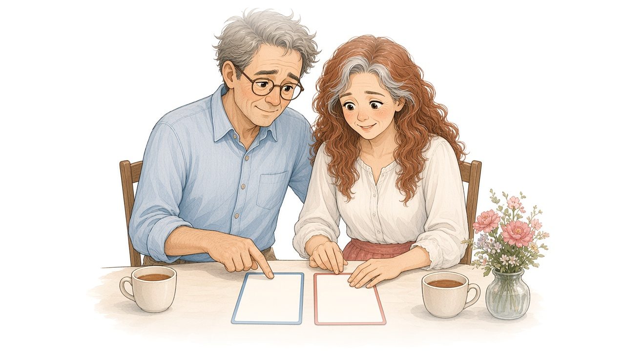 Watercolor illustration of the older mom and dad at their dining table, calmly comparing two cards laid side by side over cups of tea.