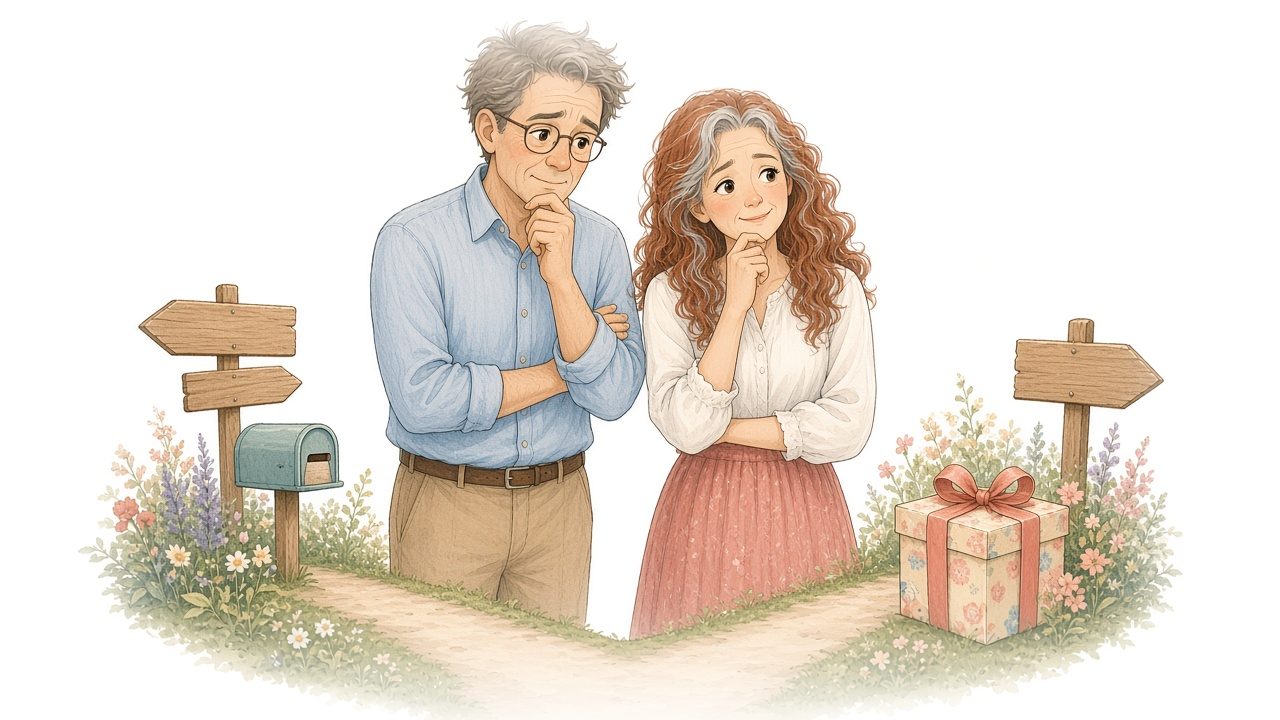 Watercolor illustration of the mom and dad, older now, standing thoughtfully at a fork in a garden path, one way leading to a mailbox and the other to a large wrapped box.
