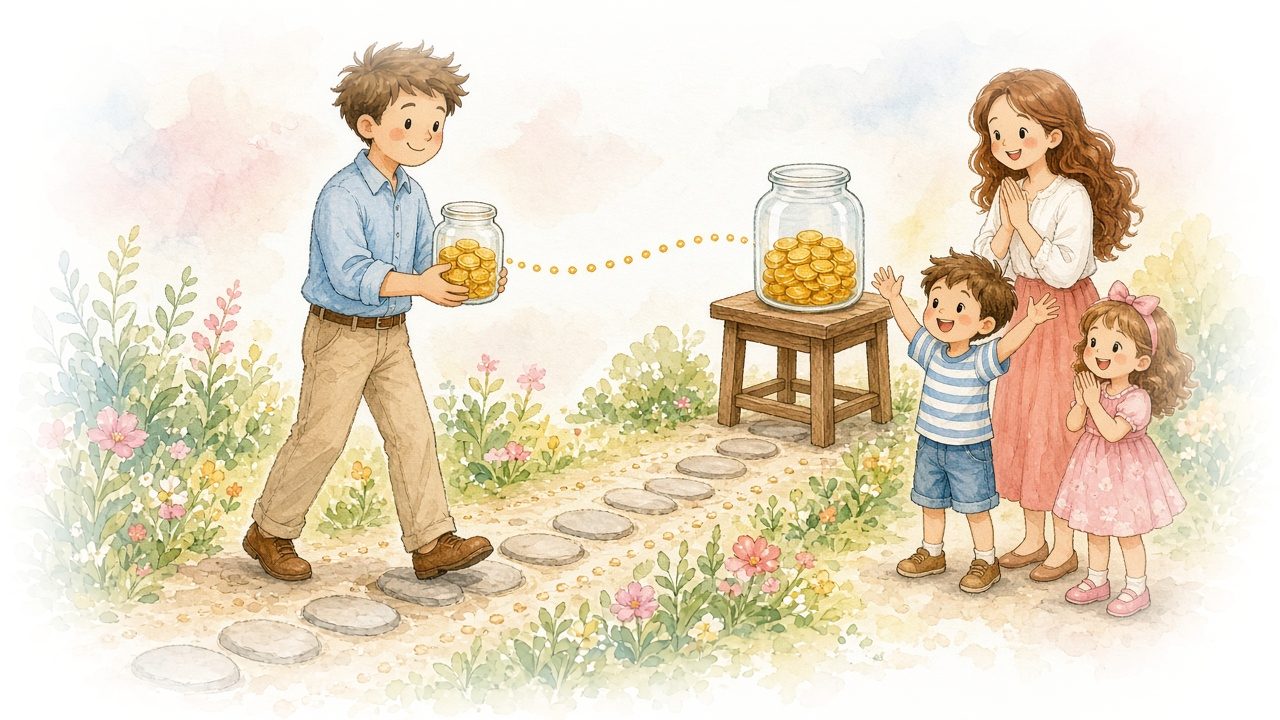 Watercolor illustration of the dad carrying a jar of coins along a straight stepping-stone garden path to a bigger jar while the mom and kids cheer.