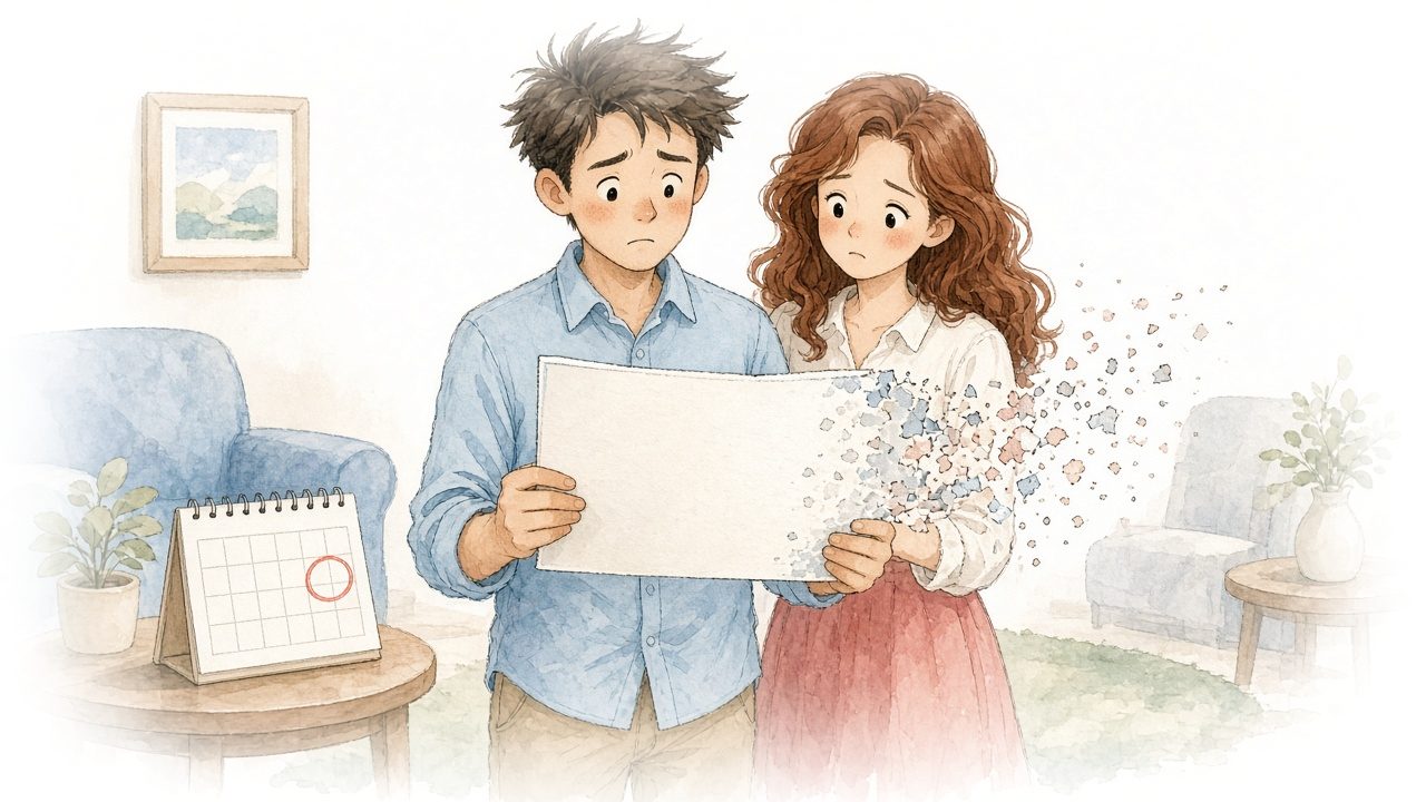 Watercolor illustration of a dad holding a large check whose corner drifts away in paint flakes, a desk calendar beside him and the mom looking over his shoulder.