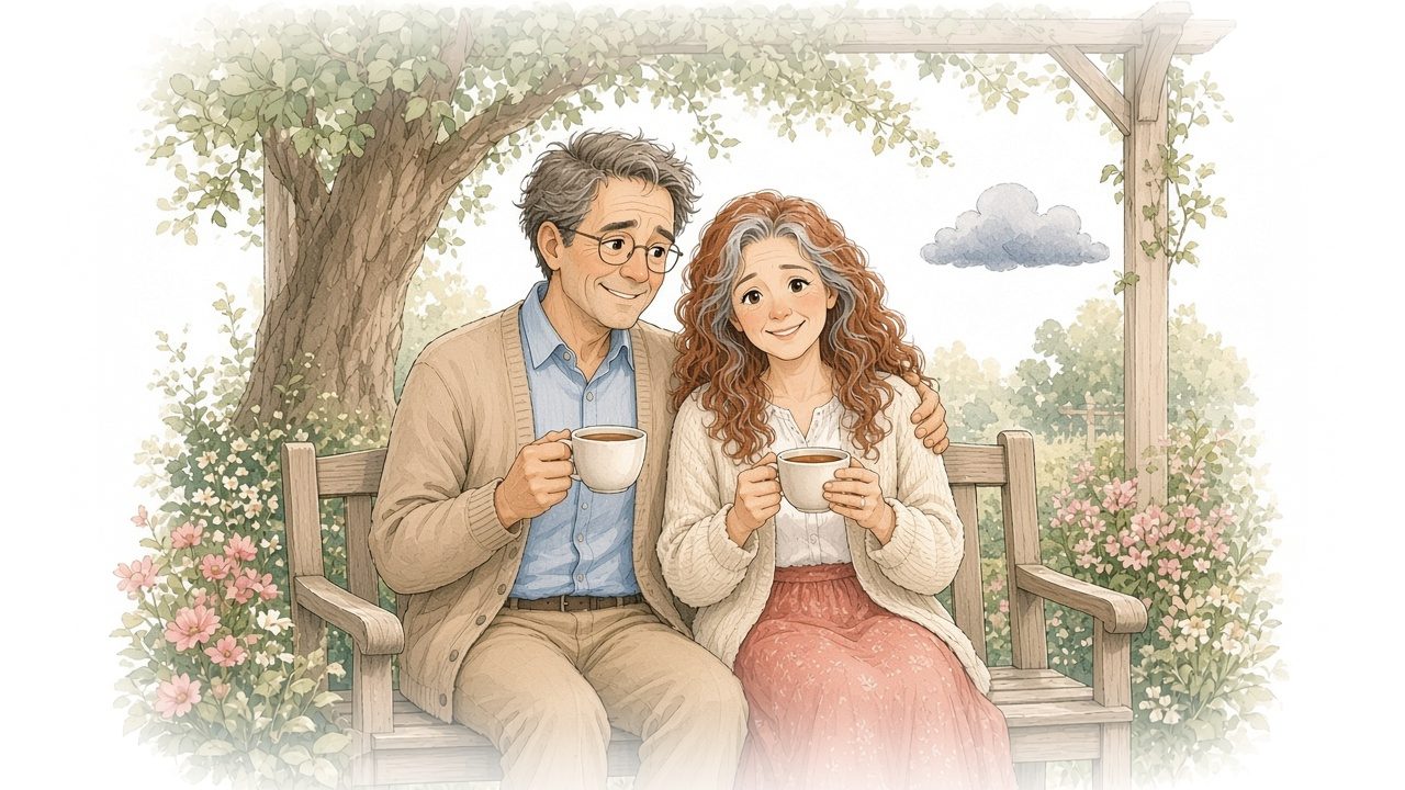 Watercolor illustration of the same tree grown tall and full under a sheltering garden arbor, with the mom and dad, now a little gray, sitting on a bench beneath it.