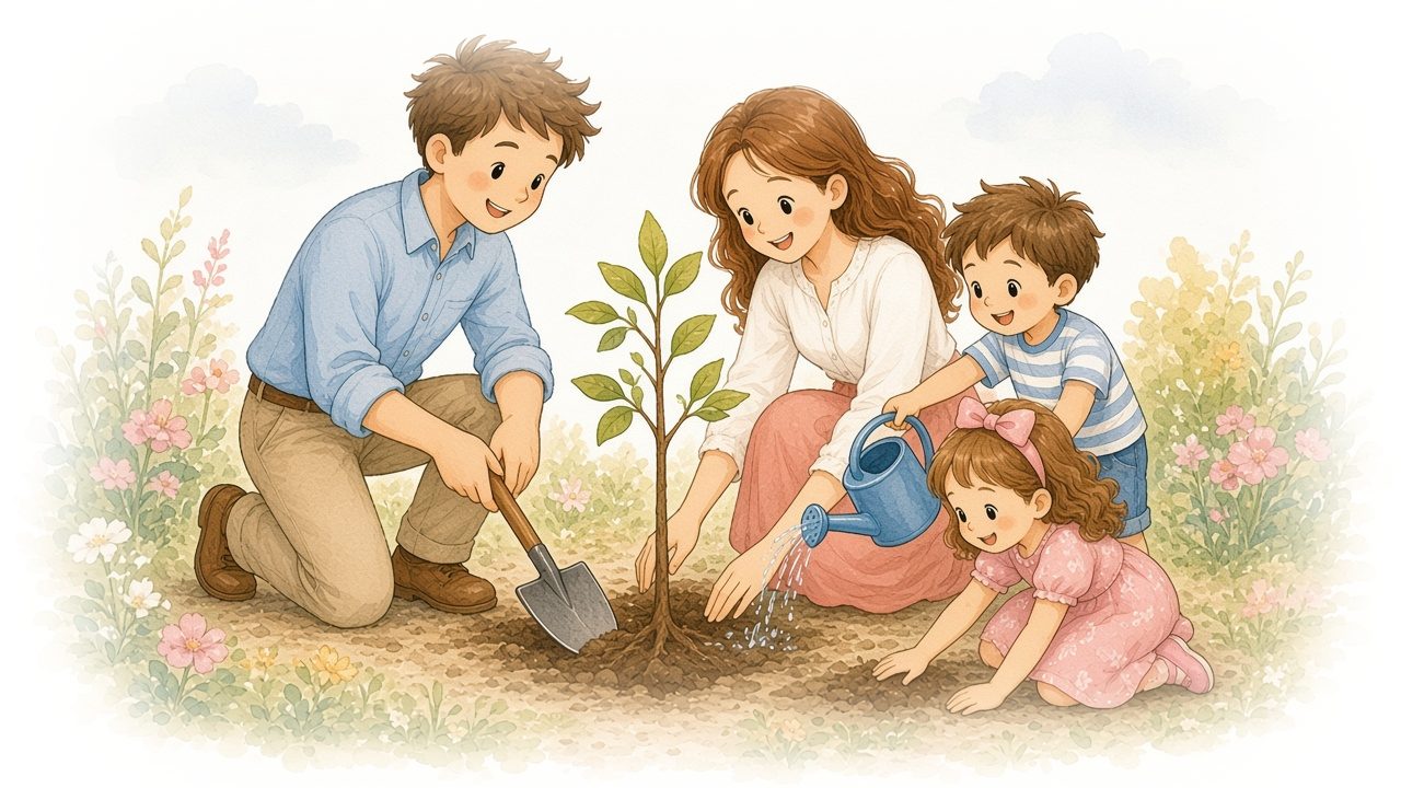 Watercolor illustration of the family planting a young tree in the backyard, the son with a watering can and the daughter patting the soil, with a small cloud far off on the horizon.