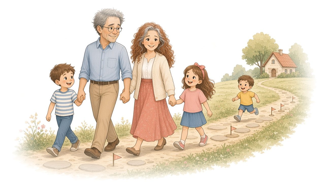 Watercolor illustration of three generations walking a winding garden path of round stepping stones with little flags, the grandparents hand in hand and a grandchild running ahead.