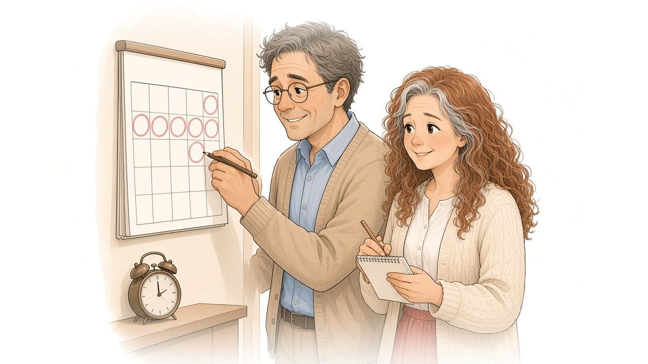 Watercolor illustration of the older dad peering through reading glasses at a big wall calendar with several dates circled, the mom beside him holding a pencil.